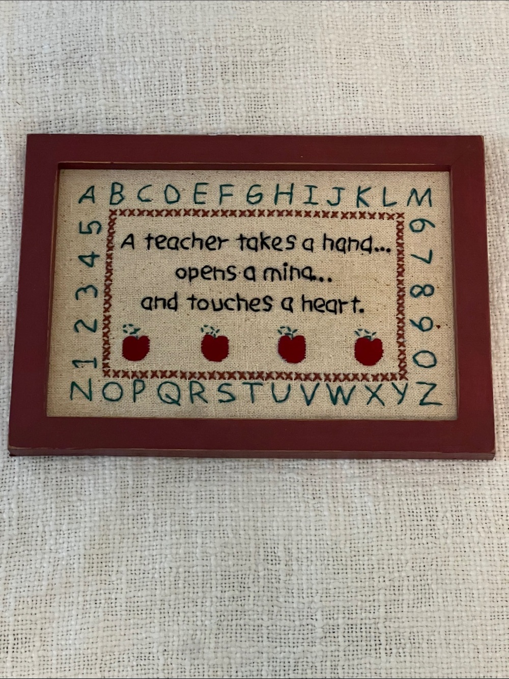 Handmade Teacher Quote Framed Cross-Stitch in Red & Teal